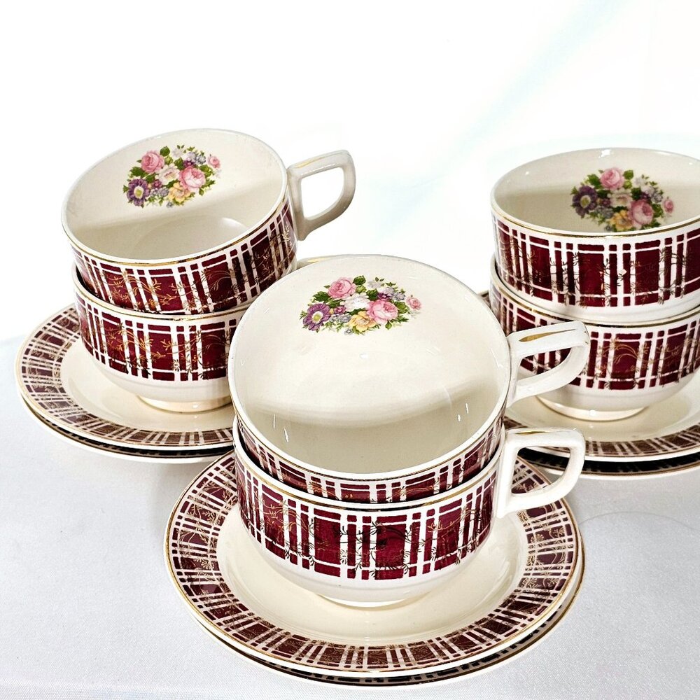 Homer Laughlin Piccadilly Cup & Saucer 2.25" set-6 red plaid gold floral 1942